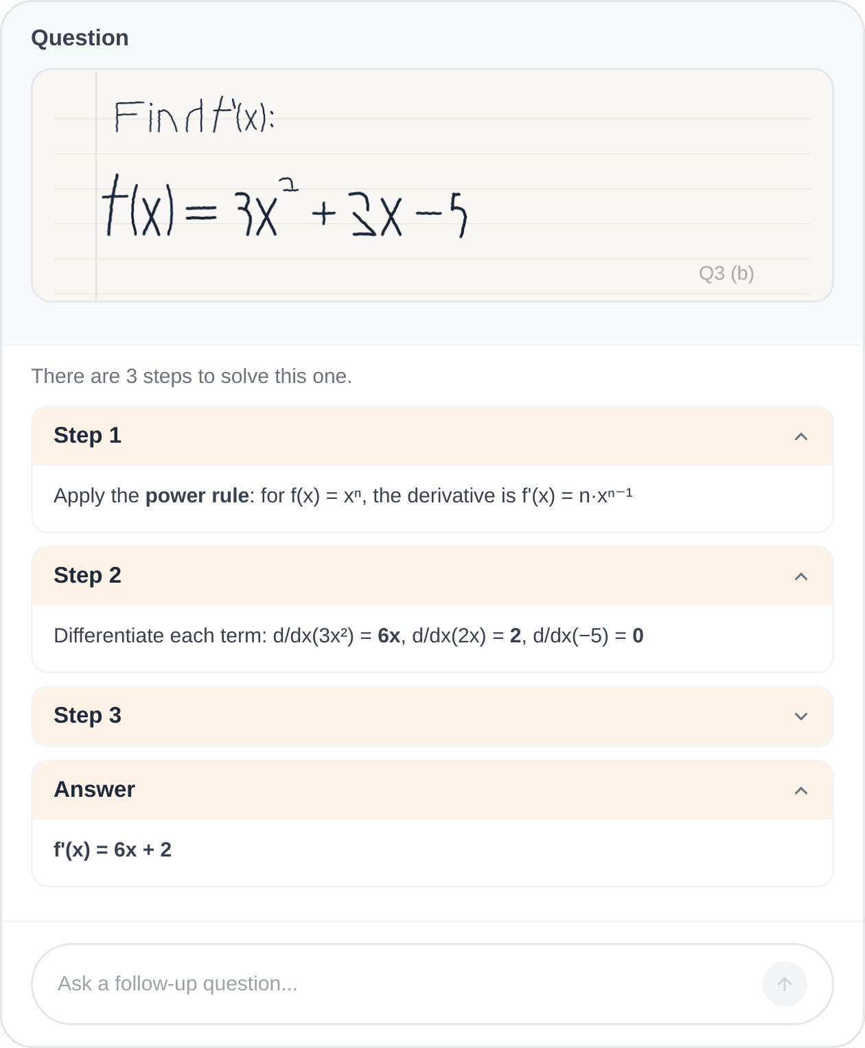 AI Homework Helper — step-by-step solution with collapsible steps, answer, and follow-up input
